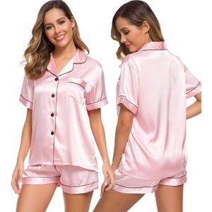Womens Silk Satin Pajamas Set Short Sleeve Button Down Sleepwear Loungewear